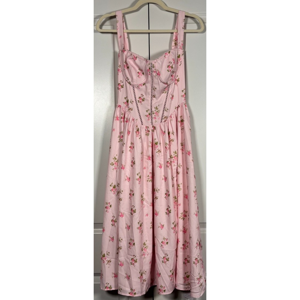KUTUMAI Womens Corset Midi Dress Pink Floral Flowy Slit Party Wedding Guest XS
